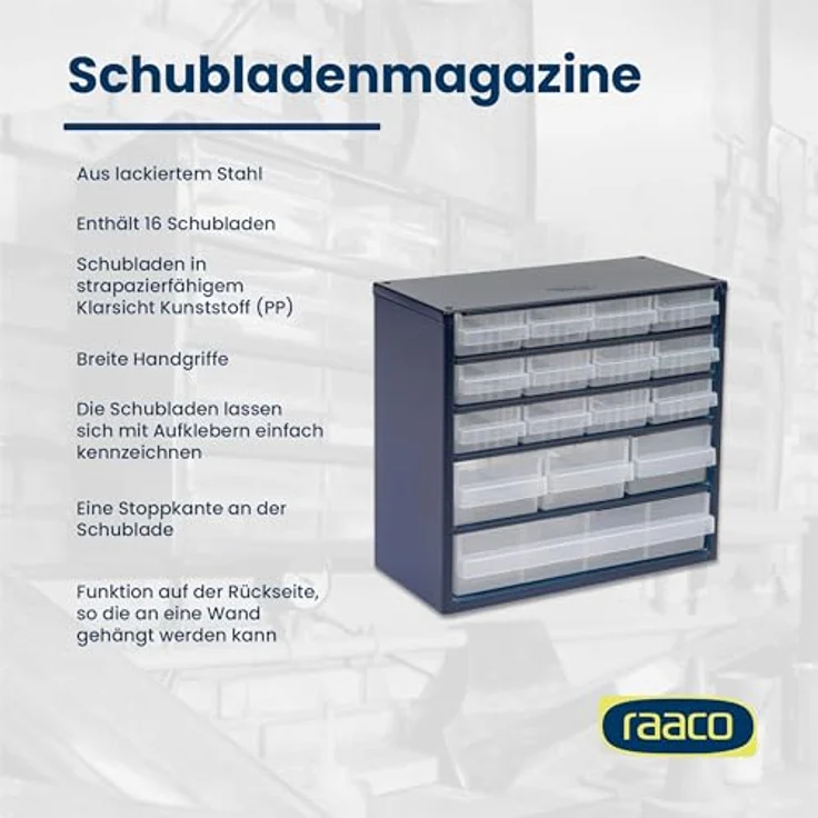 Raaco Werkstattschrank Stahlmagazin 616-123, 16 stabile Schubladen, aus Stahl und Polypropylen, kompakte Größe 30.60 cm x 28.30 cm – Bild 4