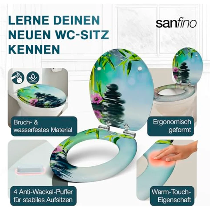 Sanfino WC Sitz Asia ll, Toilettendeckel aus Holz mit Absenkautomatik, türkis-blaues Design mit Motiv, verchromte Metallscharniere – Bild 5