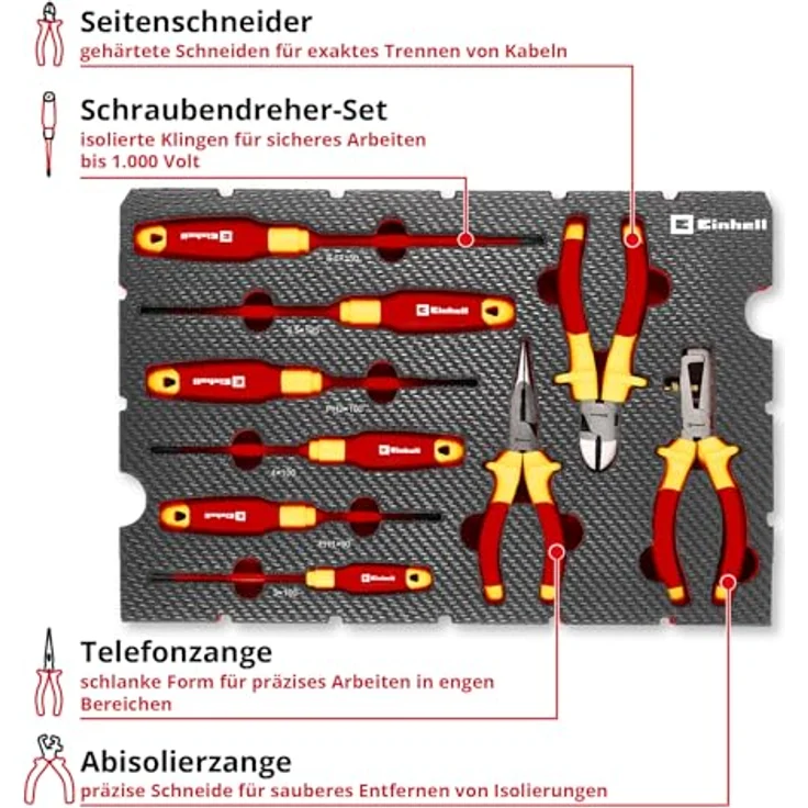 Einhell Werkzeugkoffer VDE Werkzeug-Set 9-tlg. mit isolierten Schraubendrehern und Zangen, rot-gelb, Carbon-Optik – Bild 4