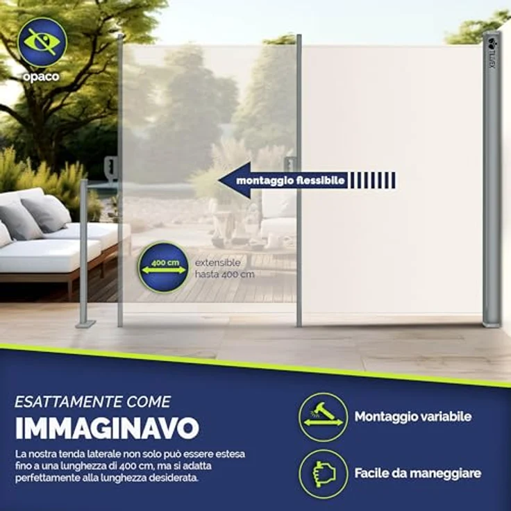 tillvex® Seitenmarkise 200 x 400 cm ausziehbar & Blickdicht | Sichtschutz für Balkon, Garten & Terrasse | Sonnenschutz aus rostfreiem Stahl | Markise Windschutz, grau – Bild 2