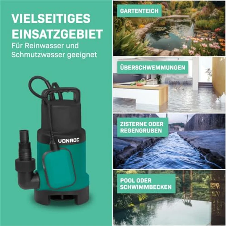 VONROC Tauchpumpe Schmutzwasserpumpe - Wasserentfernung bis auf 1 mm Resthöhe - Flachsaugend - 1600l/h, 900W - Integrierter Schwimmer – Bild 4