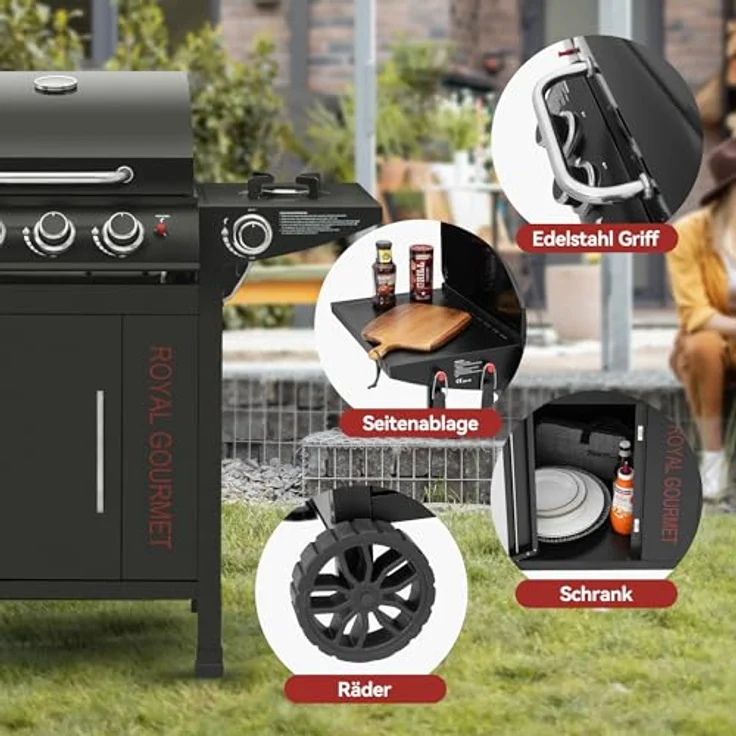 Royal Gourmet Gasgrill 3+1 Brenner Grillwagen mit 11,5 kW, Campinggrill mit Seitenbrenner, Outdoor Gas Grill inkl. Haken, Unterschrank für Balkon, Party Schwarz – Bild 5