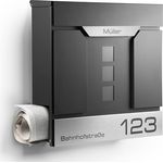 NewHabitat Moderner Briefkasten Personalisierbar Madrid Anthrazit RAL7016 mit Zeitungsfach Edelstahl Namensschild Hausnummer Gravur