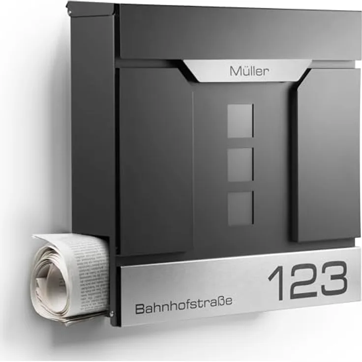 NewHabitat Moderner Briefkasten Personalisierbar Madrid Anthrazit RAL7016 mit Zeitungsfach Edelstahl Namensschild Hausnummer Gravur