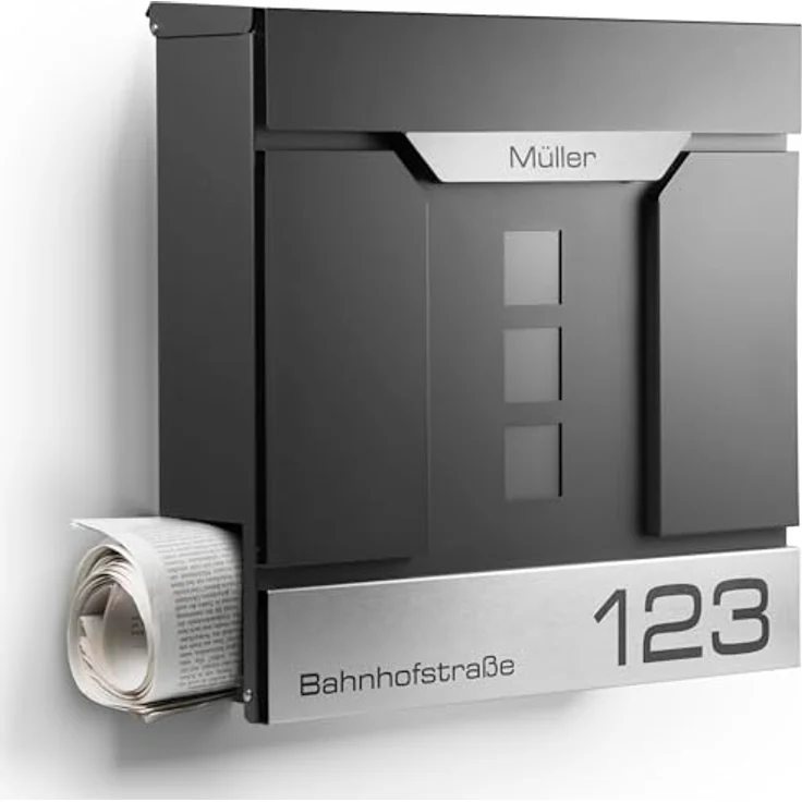 NewHabitat Moderner Briefkasten Personalisierbar Madrid Anthrazit RAL7016 mit Zeitungsfach Edelstahl Namensschild Hausnummer Gravur – Bild 1