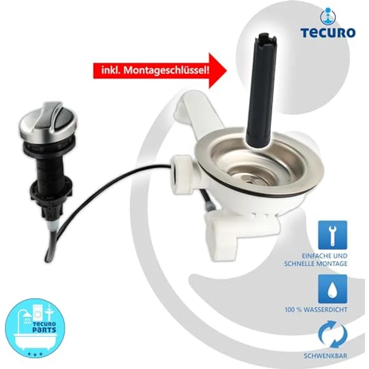 tecuro | Spülen Siebkorbventil 3 1/2 Zoll - Ø 114 mm | mit Seil-Drehbetätigung | für Küchenspülen | 1 1/2 Zoll Anschluss nach unten | mit Überlaufanschluss 1 Zoll | Oberteile aus Edelstahl | 53304, Edelstahl farbene Oberteile – Bild 4