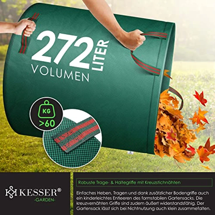 KESSER® Gartensack 3x 272L Set Laubsack Gartenabfallsack inkl. Handschuhe - Selbststehend 4 Griffe Stabil Robust & Faltbar - Rasenschnitt für Gartenabfälle Grünschnitt Grün – Bild 5