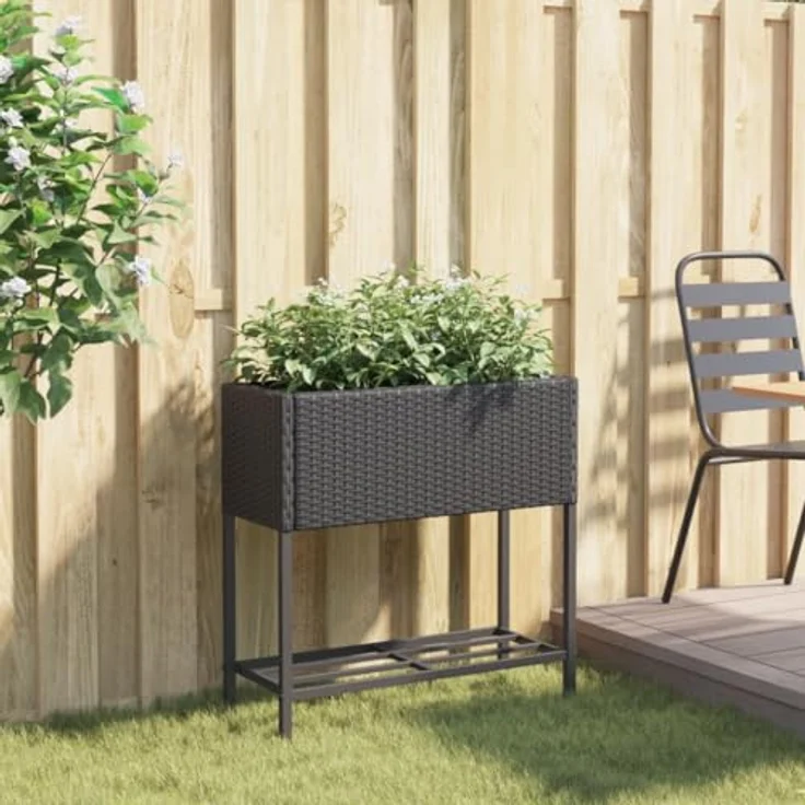 vidaXL Pflanzkübel mit Ablage Schwarz Poly Rattan, Stabiles Gestell aus pulverbeschichtetem Stahl – Bild 3
