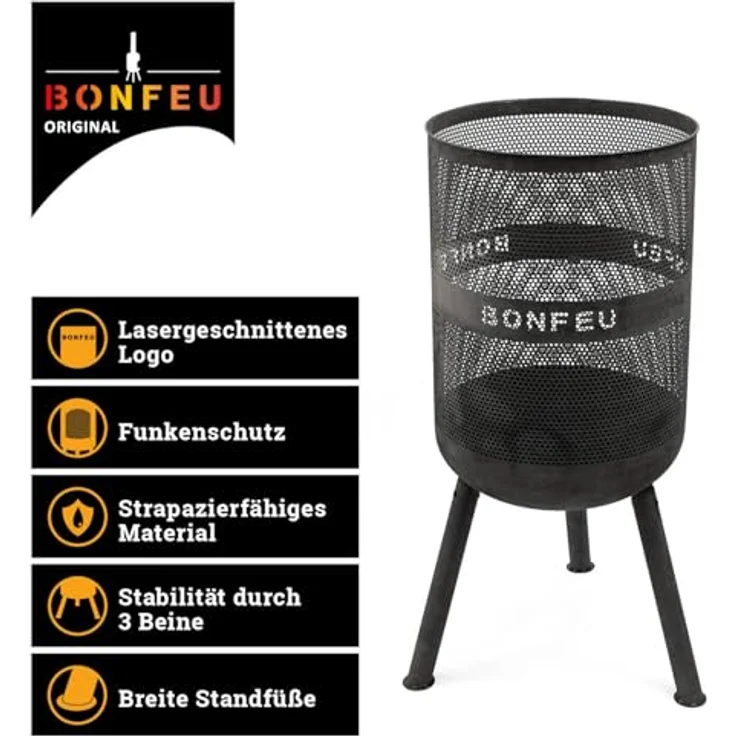 BonFeu Bonves Ø45cm Schwarz, Feuerkorb aus stabilem Stahl mit Grillrost & Schürhaken, hitzebeständig und langlebig, für Garten und Kochen – Bild 3