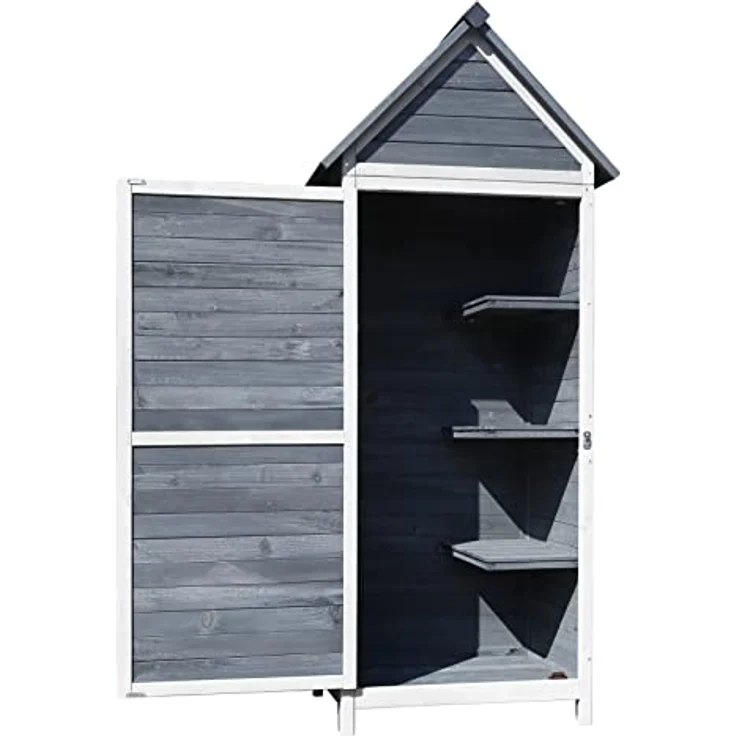 Wiltec Gartenschrank aus Holz grau 77x53x179cm mit Tür, Satteldach und Bitumenisolierung - Gerätehaus Werkzeughaus Geräteschrank Garden Storage Shed – Bild 1