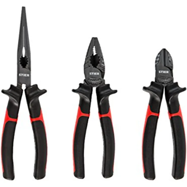 Stier Zangensatz Montage 3-teilig, inklusive Kraft-Kombinationszange 180 mm, Telefonzange gerade 205 mm und Seitenschneider 160 mm, ergonomische Zweikomponenten-Griffe