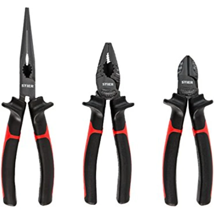 Stier Zangensatz Montage 3-teilig, inklusive Kraft-Kombinationszange 180 mm, Telefonzange gerade 205 mm und Seitenschneider 160 mm, ergonomische Zweikomponenten-Griffe – Bild 1