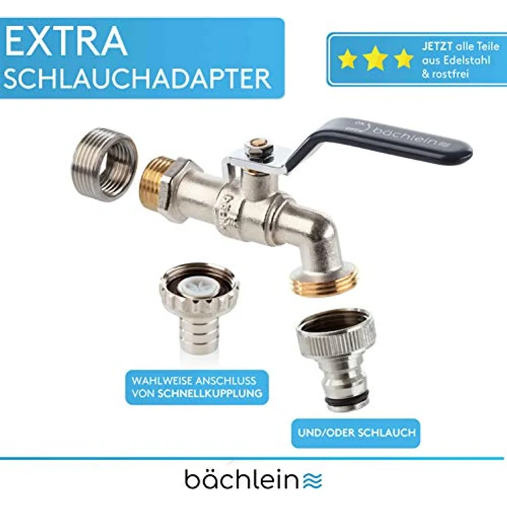Bächlein Universal Wasserhahn für den Garten [anthrazit] inkl. 2 Schlauchanschlüssen - edler Kugelhahn mit 1/2 und 3/4 Zoll Anschluss, Auslaufhahn aussen – Bild 3