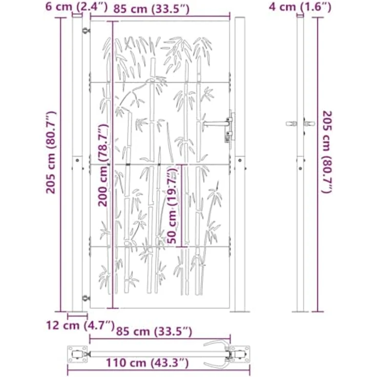 vidaXL Gartentor Schwarz 105 x 200 cm, Pulverbeschichteter Stahl mit Riegelverschluss und modernem Laserschneider-Design – Bild 3