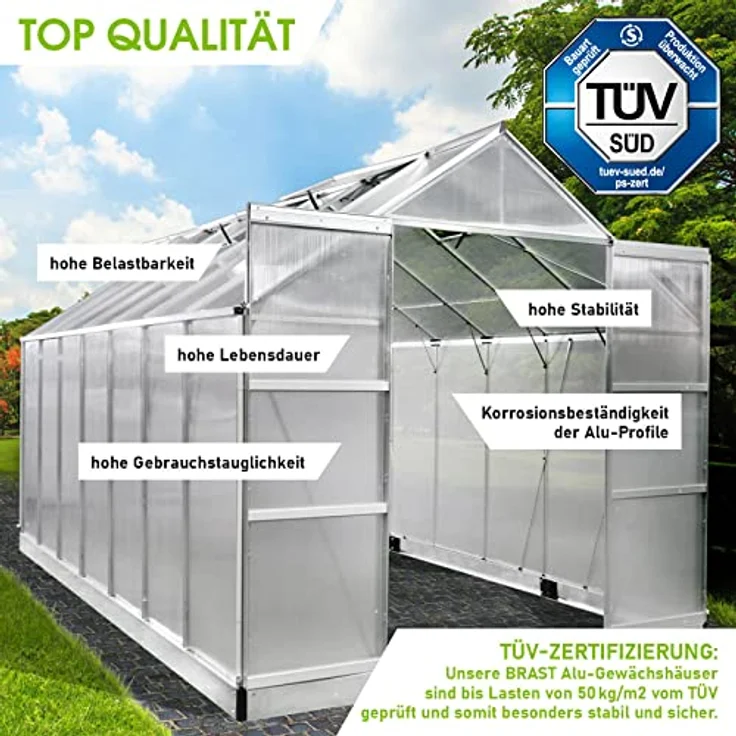 BRAST Gewächshaus Aluminium mit Fundament, 430x250x235cm, TÜV geprüft, rostfrei, wetterfest, temperaturbeständig, silber, 6mm Hohlkammerplatten – Bild 3