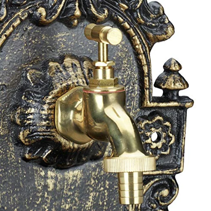 relaxdays Gartenbrunnen Wandbrunnen antik, bronze, dekorativer Aluguss mit Wasserzapfstelle für Garten und Terrasse, Maße 40 x 24,5 x 13 cm – Bild 6