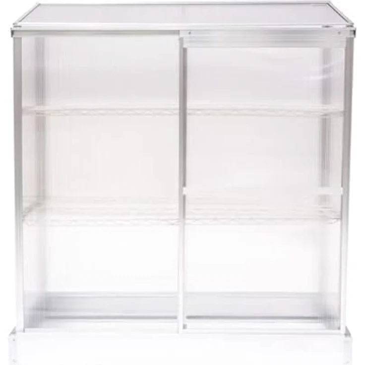 Grindi - Polycarbonat Frühbeet Treibhaus Gewächshaus mit aufklappbarem Dach, Schiebetür und 2 Regalen - Hosta, 130x58x140 - Wandgewächshaus für Garten, Balkon und Terrasse - Aluminiumrahmen, 4mm Polycarbonatverglasung - in Silber – Bild 3