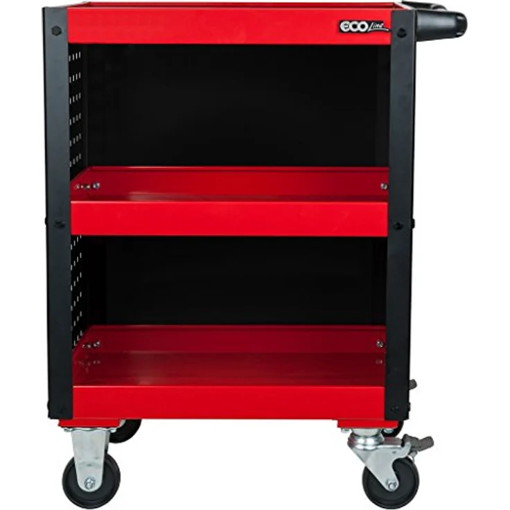 KSTOOLS ECOline Werkstatt-Servicewagen, rot, aus Stahlblech mit 3 Etagen und seitlicher Lochplattenverkleidung, Gesamttragkraft 150 kg – Bild 3