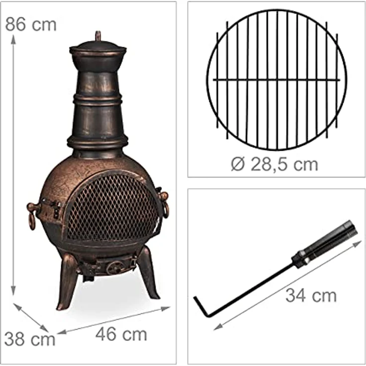 relaxdays Feuerkorb Terrassenofen in Bronze, Gusseisen, Aztekenofen für Garten und Terrasse, stabiler Gartenofen mit Funkenfluggitter – Bild 4