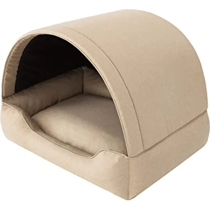 DOGGY Hundehöhle Hundebett Katzenbett Hundehütte Haustierbett Hundehaus Hundeliegen Hundesofa Korb Sofa Hundekissen Schlafplatz, Beige, 60x47 cm - ZWEI IN EINEM, ausziehbare Abdeckung, Öko-Leinen, OEKO-TEX-Zertifizierung
