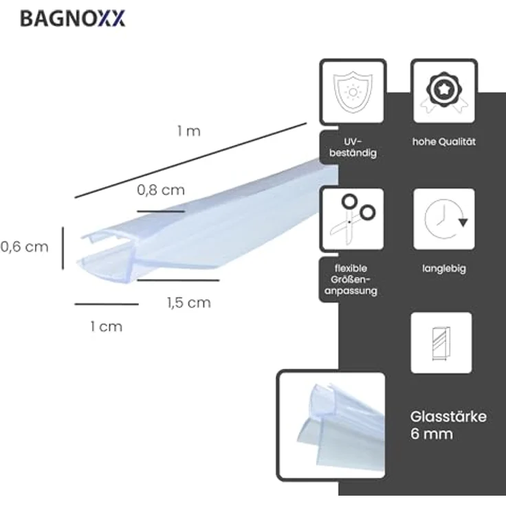 Bagnoxx Schleiflippendichtung Doppelte Weichlippe 1m für 6mm Glas, transparent, UV-beständig und schimmelresistent – Bild 2