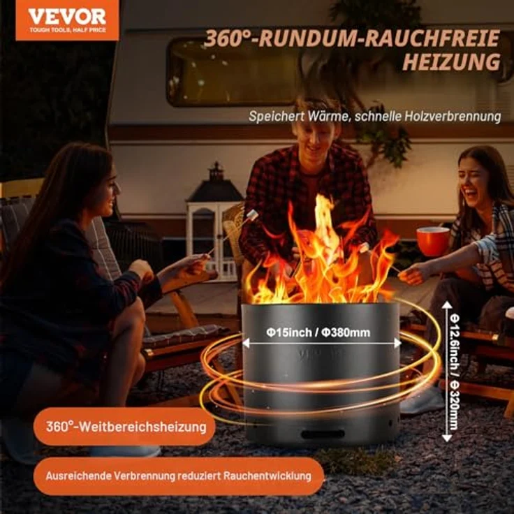 VEVOR Rauchfreier Feuerstellenofen, tragbare Holzkamin mit abnehmbarer Aschepfanne, H: 32 cm x D: 38 cm, aus SUS430 Edelstahl, optimiert für Sekundärverbrennung – Bild 2