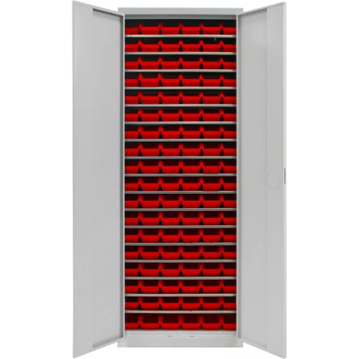 Regalschrank mit Tür, 17 Fachböden, 108 Lagersichtkästen Gr. 2L
