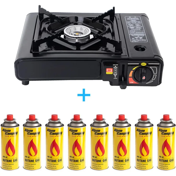 Campingkocher + 8x Gaskartuschen 227g Transportkoffer Camping Gaskocher mit Piezozündung Schwarz Butangas-Butan Gas Kartusche 227g-Piezozündung-Herd-Kochfeld