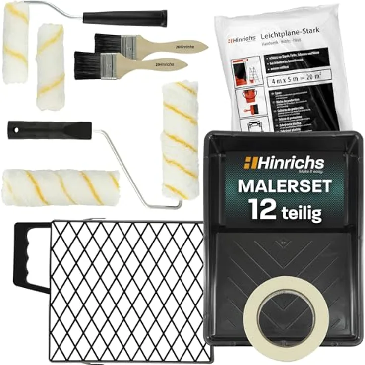 Hinrichs Malerset Streichen 12-teilig, Farbroller Set mit Farbwanne, Abstreifgriff, Abdeckplane, Kreppband, Pinsel und Steckbügel für präzise Malerarbeiten