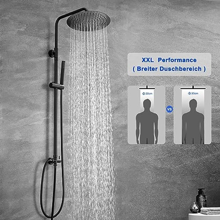 JOHO 304 Edelstahl Duschsystem, Matt Schwarz Regendusche Duschset mit 30 cm Kopfbrause, höhenverstellbarer Duschstange und Wassersparfunktion – Bild 2