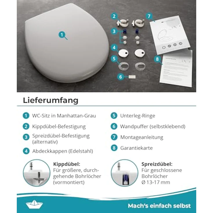 Calmwaters WC Sitz Premium Manhattan-Grau, Absenkautomatik, antibakteriell, abnehmbar, Duroplast, 250 kg Tragkraft, Modell 26LP6140 – Bild 8