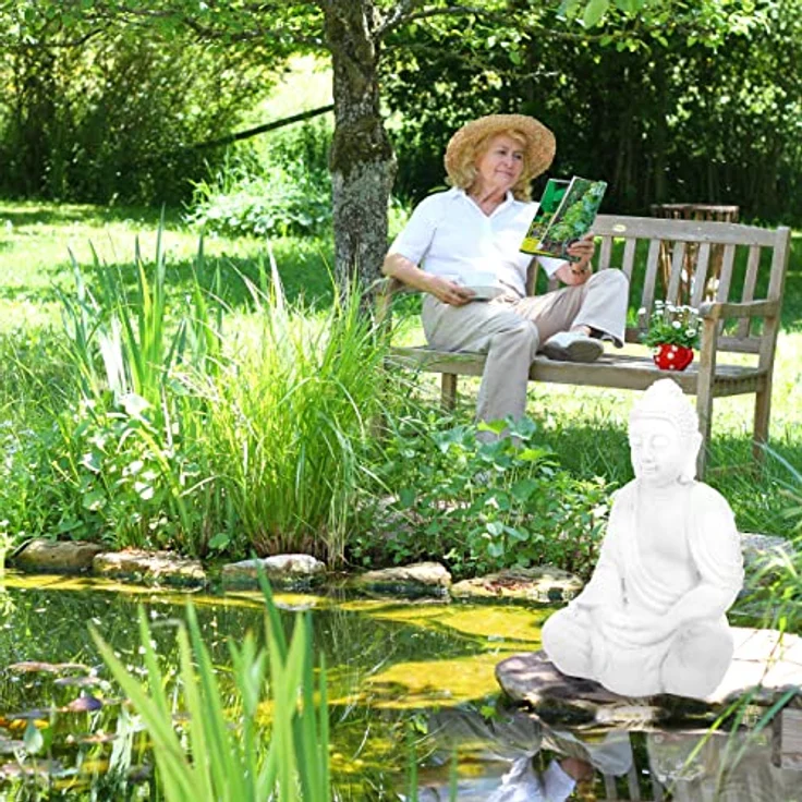 Relaxdays Buddha Figur sitzend, 70 cm hoch, XL wetterfest & frostsicher, Deko Skulptur für Garten und Wohnzimmer, weiß – Bild 3