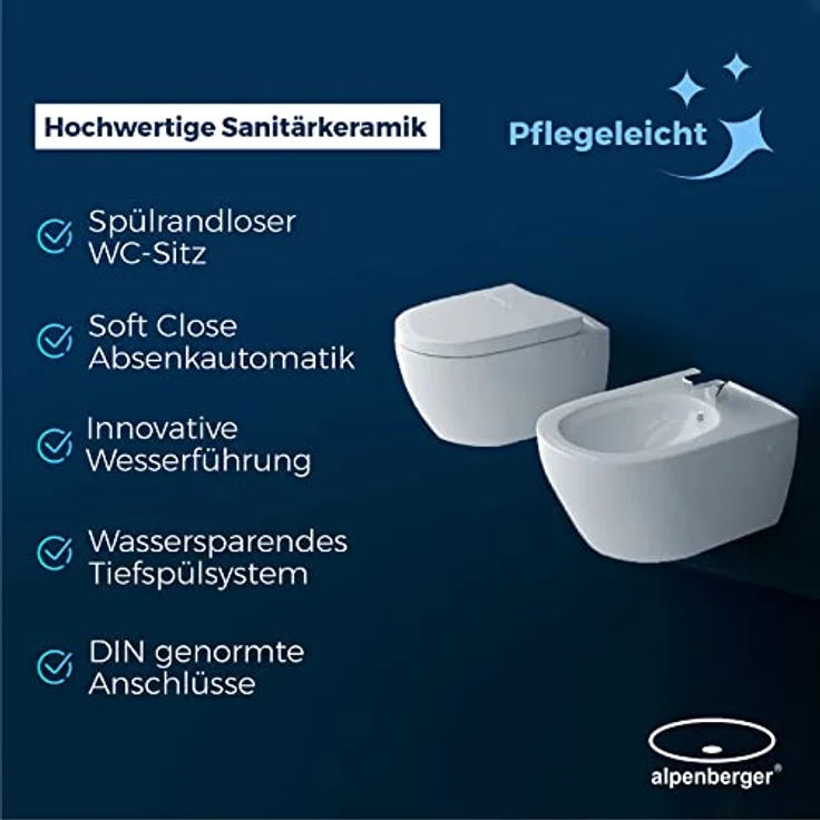 Alpenberger Hänge WC & Bidet | Badezimmer Set | Kloschüssel mit WC Sitz mit Absenkautomatik | Bidet für Intimdusche mit Hahnloch und Überlaufschutz | WC Spülrandlos | Passend Geberit - Preisvergleich – Bild 5