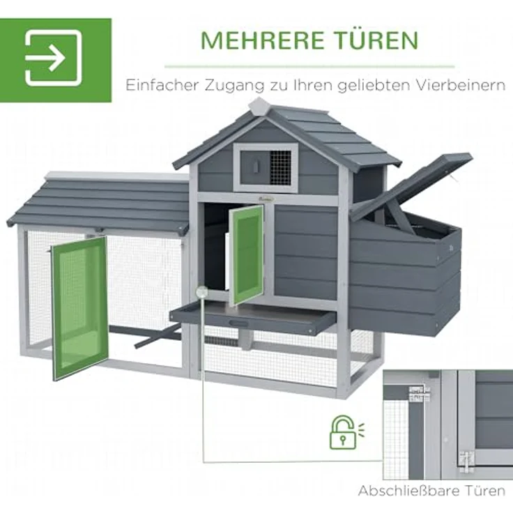 PawHut Hühnerstall Zwerghühnerstall mit Freigehege, Nistkasten und herausnehmbarer Bodenwanne für Garten und Balkon, grau – Bild 4
