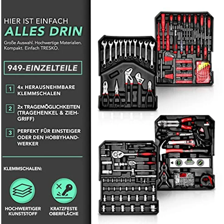 TRESKO 949 tlg Werkzeugkoffer Anthrazit Werkzeugkasten Werkzeugbox Werkzeugkiste Trolley Set – Bild 2