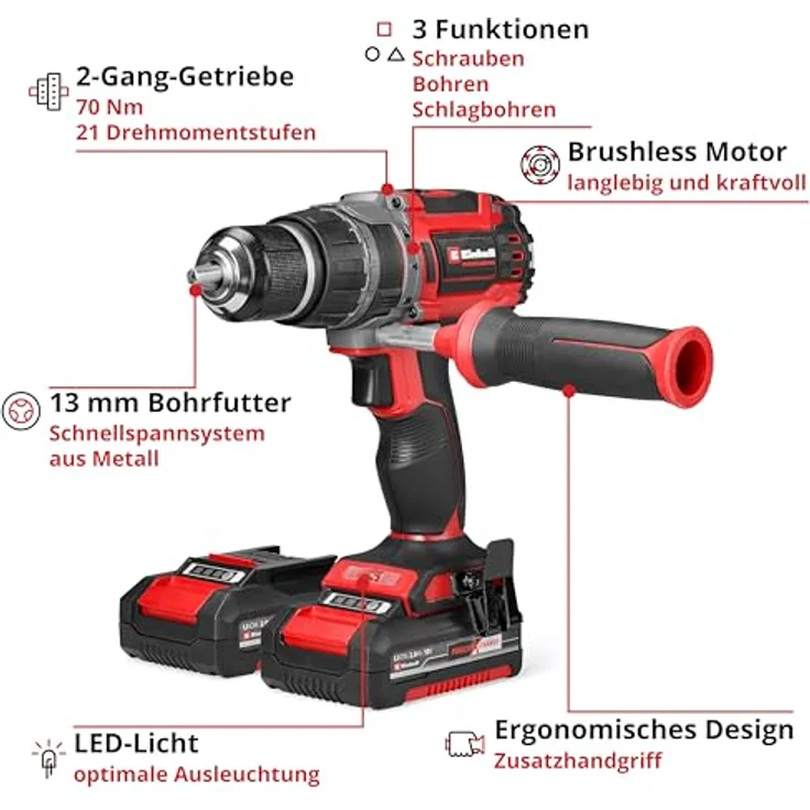 Einhell Professional Akku-Schlagbohrschrauber TP-CD 18/70 Li-i BL, 18 V, Brushless, 70 Nm, 2-Gang, inkl. 2x 2,0 Ah Akkus und Ladegerät, E-Case – Bild 3