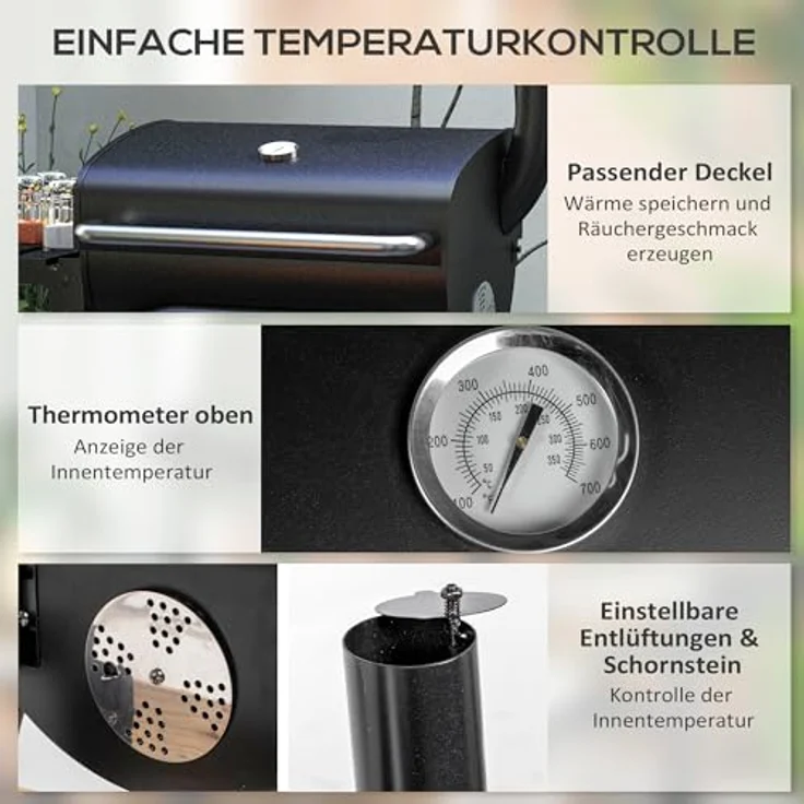 Outsunny Holzkohlegrill Grillwagen mit Deckel, Ablagen Campinggrill mit Rädern, Deckel, Thermometer, Schornstein für Camping Garten Edelstahl Schwarz – Bild 4