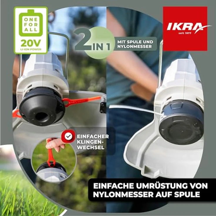 ikra GmbH Akku-Rasentrimmer IART 2025, 22 cm Messer, 25,4 cm Faden, 20V Akku mit Twin-Schneidsystem 2-in-1 – Bild 2