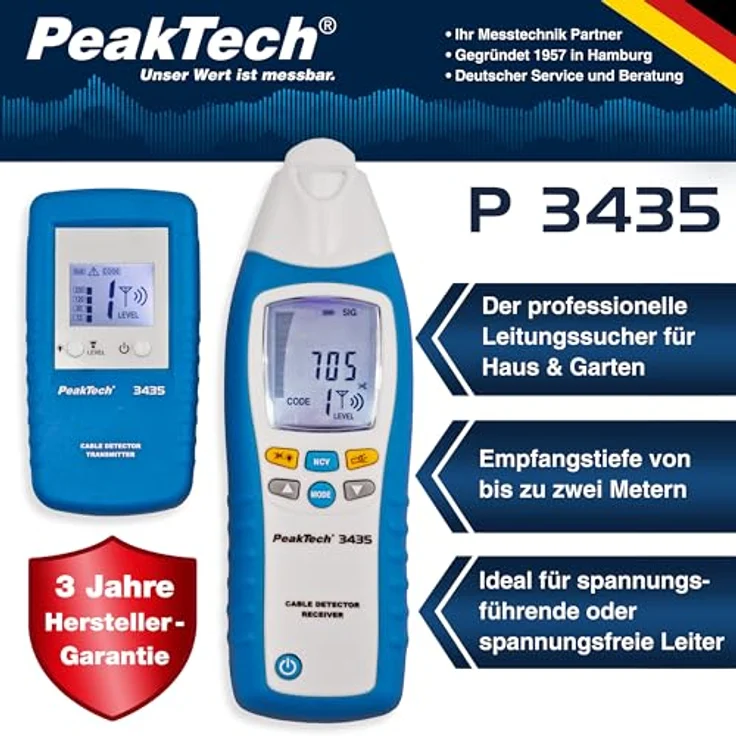 PeakTech 3435 Leitungssuchgerät mit Sender & Empfänger für Kurzschlüsse, Sicherungen, metallische Rohranlagen, Spannungsmesser, Leitungsfinder in Wänden, Decken, Böden - Empfangstiefe: bis 2 Meter – Bild 2