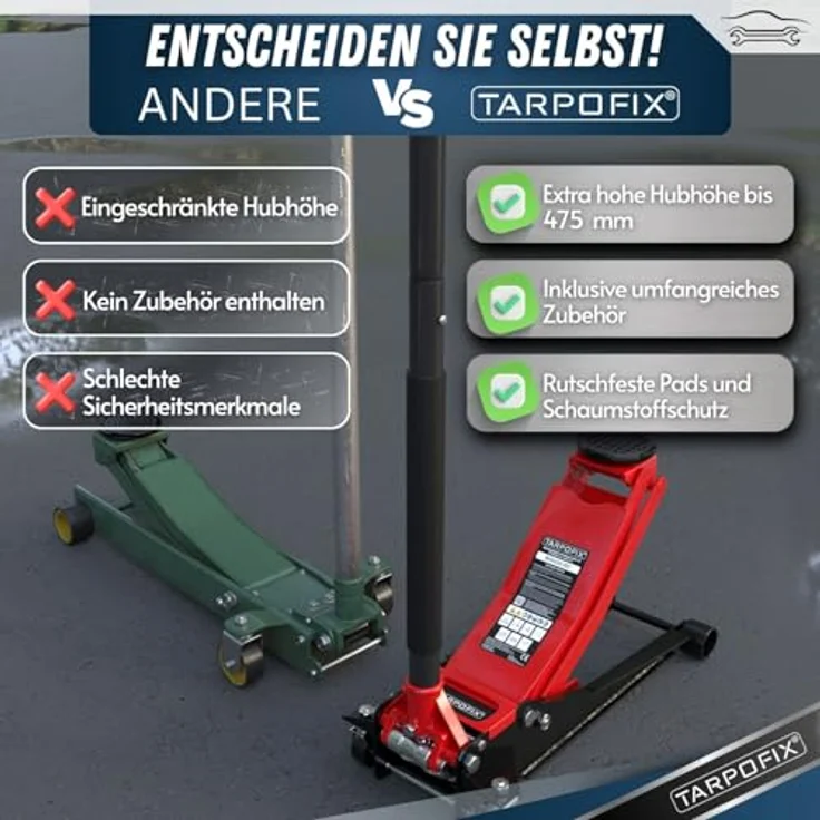 Tarpofix Hydraulischer Wagenheber 3T – Flacher Rangierwagenheber für Auto & SUV, Hubhöhe 85 - 475 mm, mit Gummiauflage & Handschuhen – Bild 7