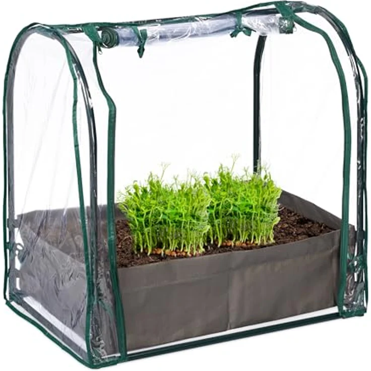 Relaxdays Frühbeet, Pflanzsack, HBT: 70x68x50 cm, PVC-Folie, Stahl, Tür mit Reißverschluss, Anzucht, grün/transparent – Bild 1