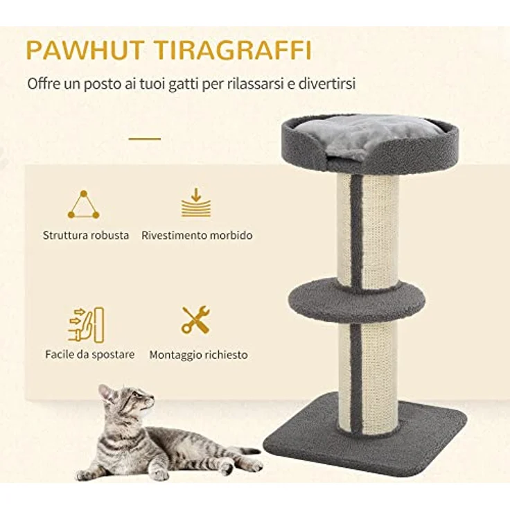 PawHut Katzenbaum Kratzbaum Katzenkratzbaum Spielbaum Kratzstamm mit Plattform Sisal Plüsch Grau 45 x 45 x 91 cm – Bild 4