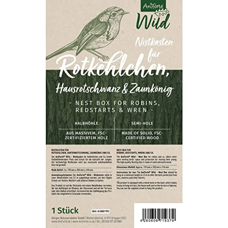 Aniforte Wild – Nistkasten für Rotkehlchen, Hausrotschwanz & Zaunkönig, Halbhöhle aus Massivholz handgefertigt, hochwertig verschraubt, unbehandelt & wetterfest – Bild 5