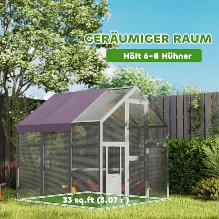 PawHut Hühnerstall 1,68x1,83x1,82 m, Tannenholz, wasserdichtes und UV-beständiges Dach, mit Schloss, für 6-8 Hühner, grau – Bild 4