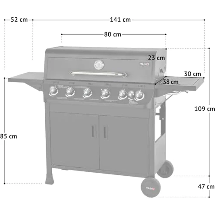 TAINO BRANDO 6+1 Gasgrill, 6 Edelstahl-Hauptbrenner, Seitenkocher, klappbarer Seitentisch, integriertem Thermometer, 77x34 cm Grillfläche – Bild 3