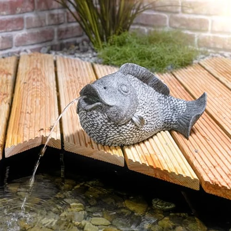 Esotec Solar Wasserspeier Set Fisch, Teichfigur mit Tauchpumpe und Solarpanel, grau, H=22cm, IP68 Wasserpumpe, wetterfest – Bild 2
