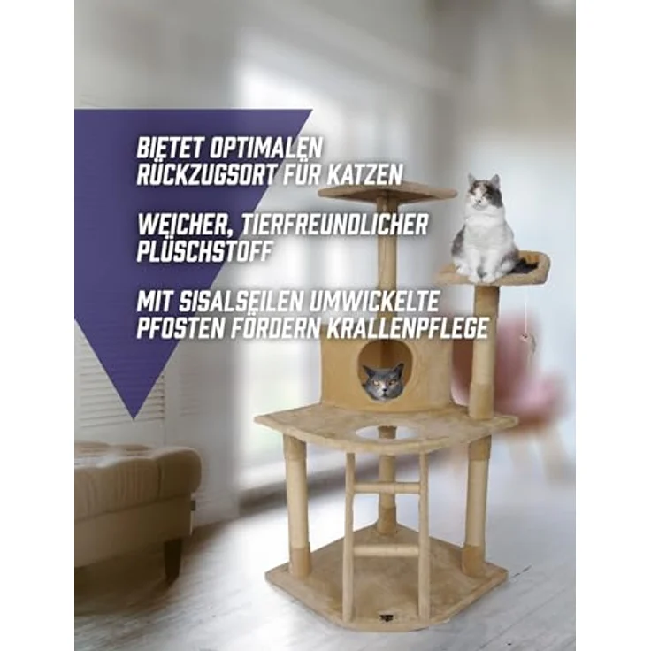 Spocado SPOCADO Rovers Katzenkratzbaum 120 x 55 x 55 cm - Vielseitiges Design mit geräumiger Höhle, Aussichtsplattform und Sisalpfosten. Idealer Rückzugsort für Katzen, einfacher Aufbau (Beige) – Bild 4