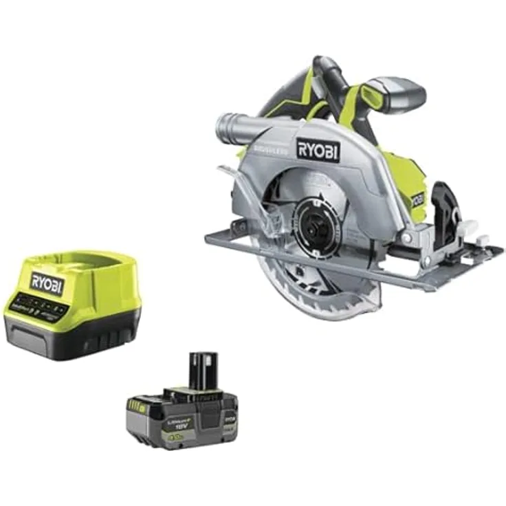 RYOBI 18 V ONE+ Brushless Akku-Handkreissäge R18CS7-140GZL (Sägeblatt-Ø 184mm, Schnitttiefe 90°/45° 60/42mm, werkzeuglose Tiefeneinstellung, inkl.Sägeblatt, Parallelanschlag, 4,0Ah Akku & Ladegerät)