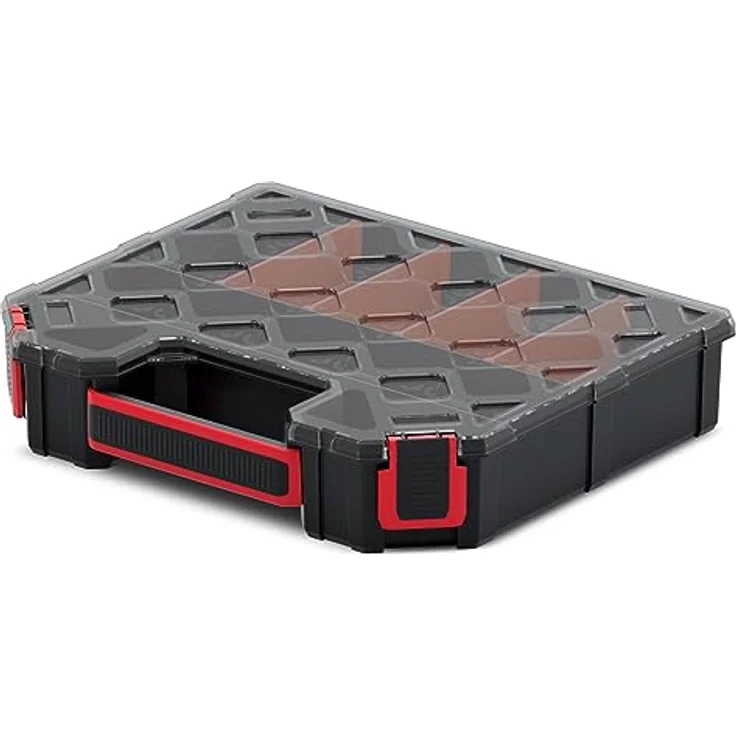 Prosperplast Werkzeugkoffer Kistenberg TAGER CARBO Organizer, multifunktionale Sortimentsbox mit transparentem Polycarbonat-Deckel, 284x243x60 mm – Bild 2