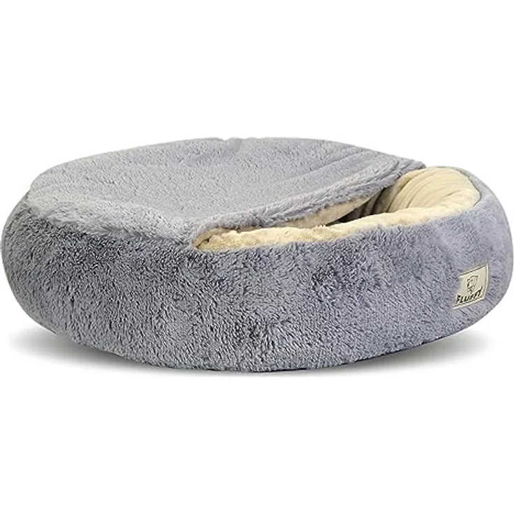 KingDog Shaggy Fluffy Haustierbett mit Kapuze, Kuschelbett für Katzen/Hunde, 18 mm Minky-Haar mit Silikon-Füllung, hellgrau, Durchmesser 70 cm – Bild 4